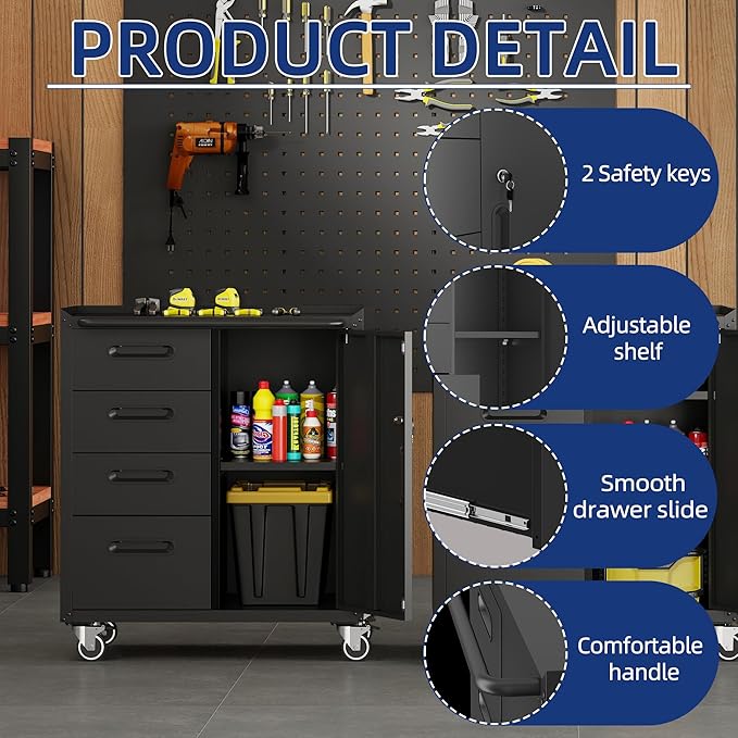 Metal Tool Cabinet,Garage Storage Cabinet System,Wall Cabinet & Locking Rolling Tool Cabinet with Doors and Adjustable Shelves,Steel Tool Cabinets for Home (2 Pcs-Styled, Black)