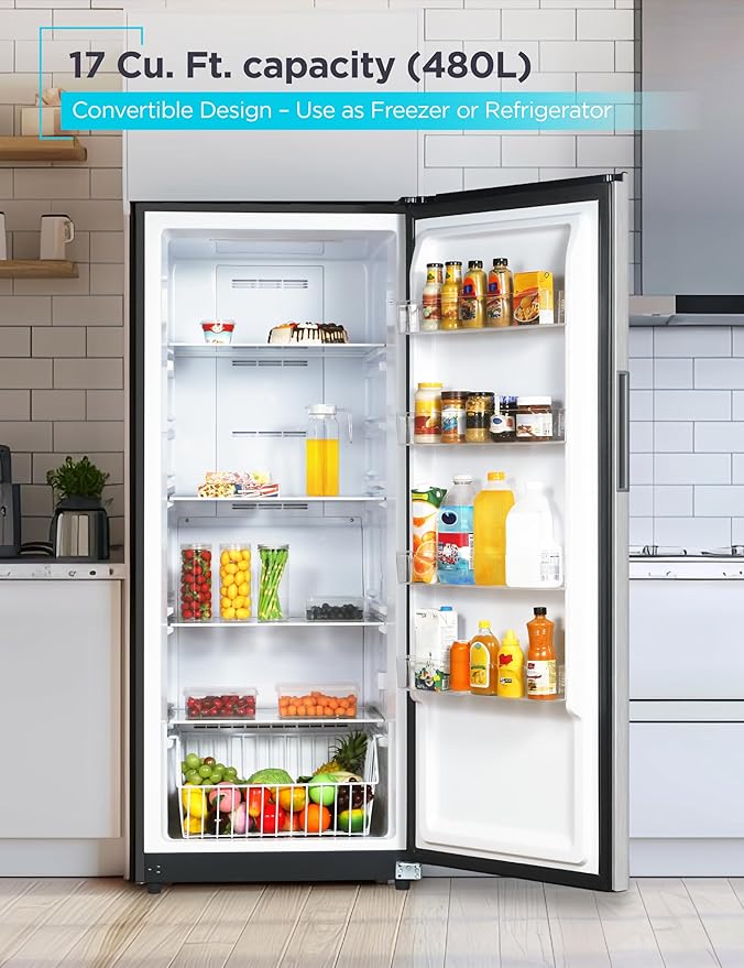 BLACK+DECKER 17 Cu. Ft. Convertible Freezer Refrigerator, Upright Freezer with Glass Shelves, ENERGY STAR rated, Frost Free, BUC1700XS, Stainless Look