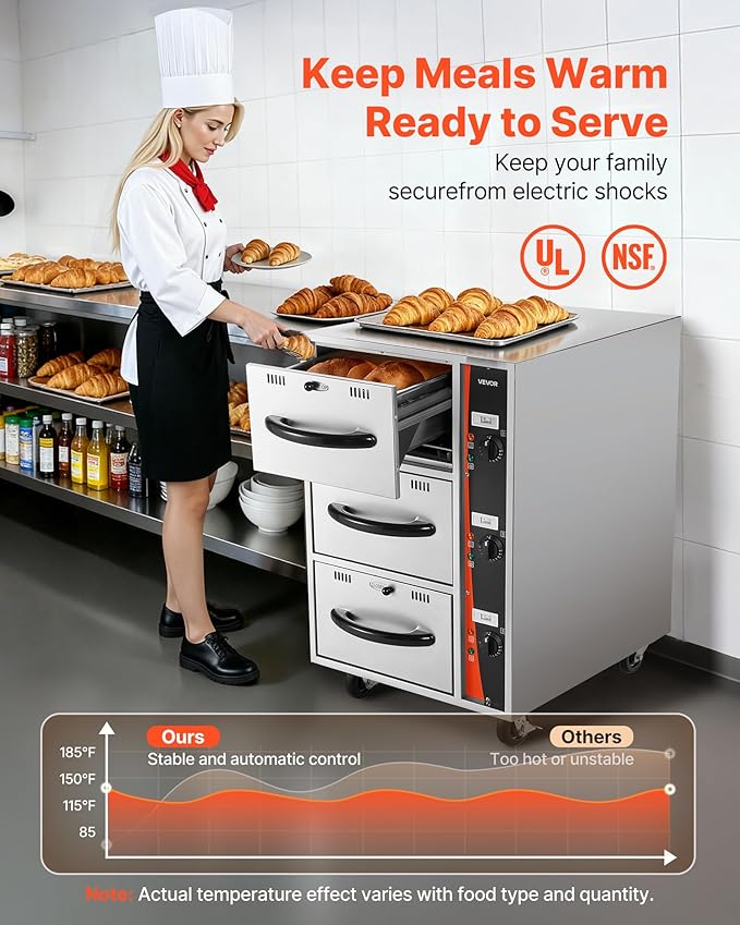 VEVOR Commercial Electric Drawer Warmer, Three-Drawer Stainless Steel Food Warmer, Freestanding Compact Warming Drawer Cabinet, 85°F–185°F Wide Temperature Range, for Restaurant, Hotel Buffet & Bakery