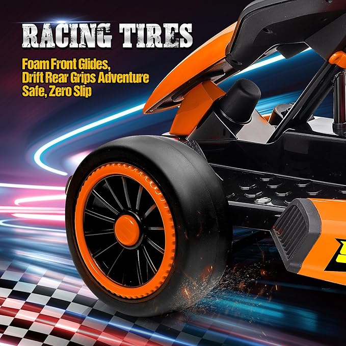 24V Electric Go Kart for Kids, Drift Kart with 400W Motors, EVA Tires, Max Speed 8.1 MPH, Music, Wireless, Electric Drifting Cart Outdoor Ride on Toy for Kids Ages 6+ (Orange)