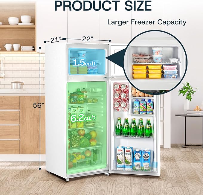 Upstreman 7.7 Cu Ft White Large Capacity Refrigerator with Freezer, Energy Efficient Compact Refrigerator, Adjustable Thermostat & Reversible Door for Apartment, Dorm, Office, Kitchen，White (BD-75)