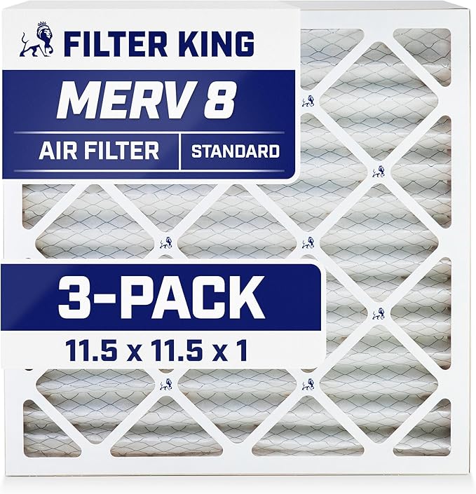 Filter King 11.5x11.5x1 Air Filter | 3-PACK | MERV 8 HVAC Pleated A/C Furnace Filters | MADE IN USA | Actual Size: 11.5 x 11.5 x .75"