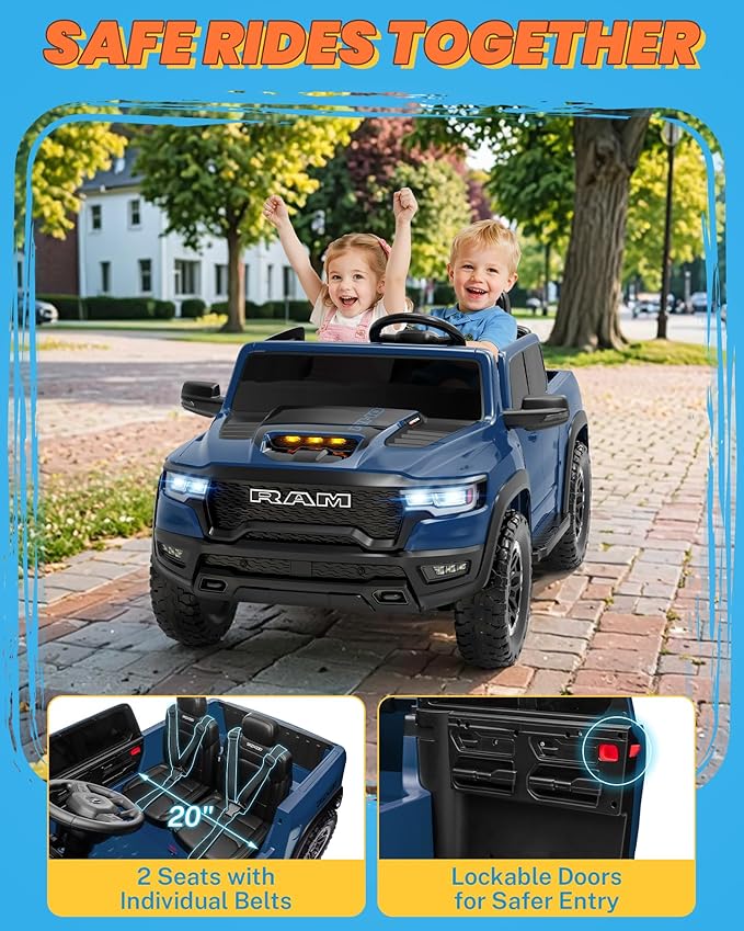 ENYOPRO 24V Ride on Toys for Kids 4-8, Licensed RAM 1500 RHO 2 Seater Kids Ride on Car w/Parent Remote, Power Pedal & Shock-Absorbing Wheels, Truck Bed Storage, Music, LED Lights (Blue - High Door)