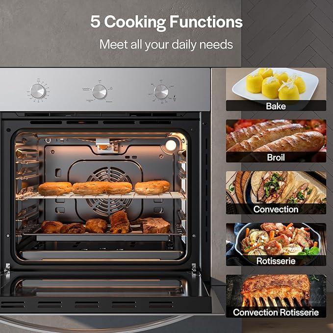 Empava 24 inch Built-In LPG Single Wall Oven with Convection and Rotisserie 5 Cooking Modes, Knob Control, Stainless Steel