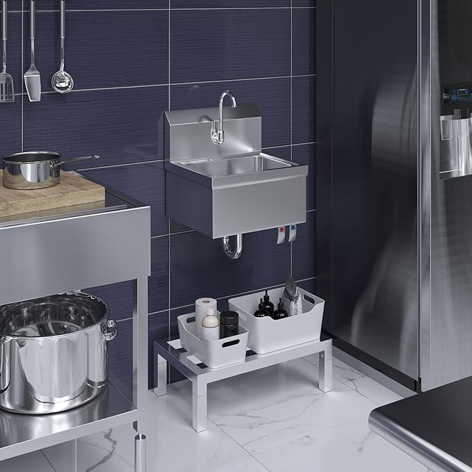 Hands-Free Wall-Mounted Stainless Steel Hand Sink, 17 in x 15 in, with Double Knee Valves and Faucet