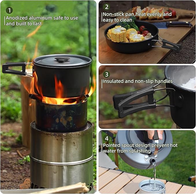 aiGear Camping Cooking Set Cookware Mess Kit with Storage Bag Pot Pan and Teapot Set Camping Accessories for Outdoor Camping Hiking Picnic Portable and Lightweight Aluminum Color Green,Black,Orange