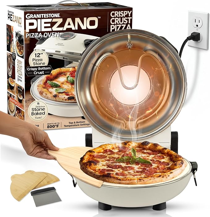 PIEZANO Crispy Crust Pizza Oven by Granitestone – 12 Inch Electric Pizza Oven Indoor Countertop Maker with Ceramic Stone Heats up to 800˚F for Delicious Stone Baked Pizzeria Style Pizza at Home
