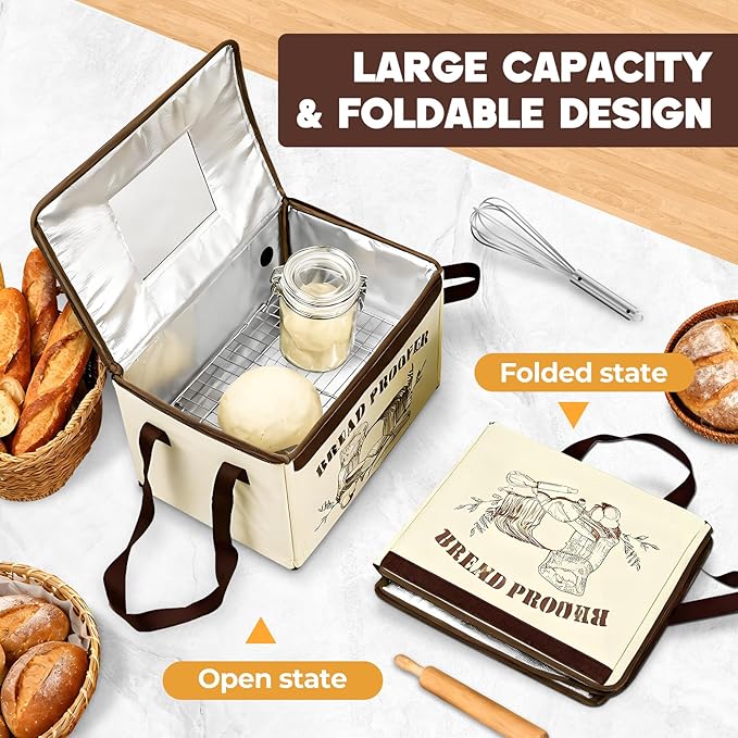 Bread Proofing Box with 50-113℉ Temp Control & 1-12H Timer, Foldable Dough Proofer with Metal Rack, Proofing Box for Sourdough, Bread Baking, Pizza, Yogurt, Kombucha, Space-Saving & 5-Layer Fabric