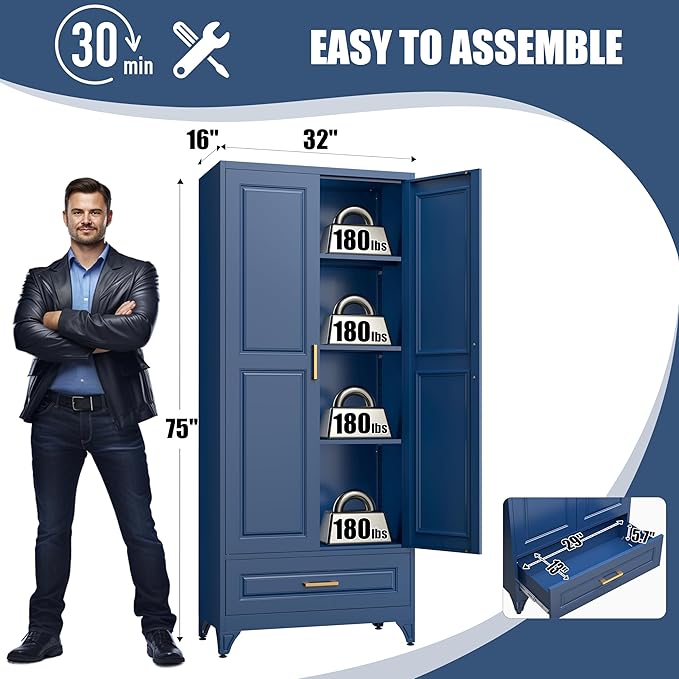 75" Tall Metal Storage Cabinet, Kitchen Pantry Storage Cabinets with Doors and 3 Shelves, Blue Pantry Cabinet with Drawer, Utility Kitchen Cupboard, Large Steel Cabinets for Living Room