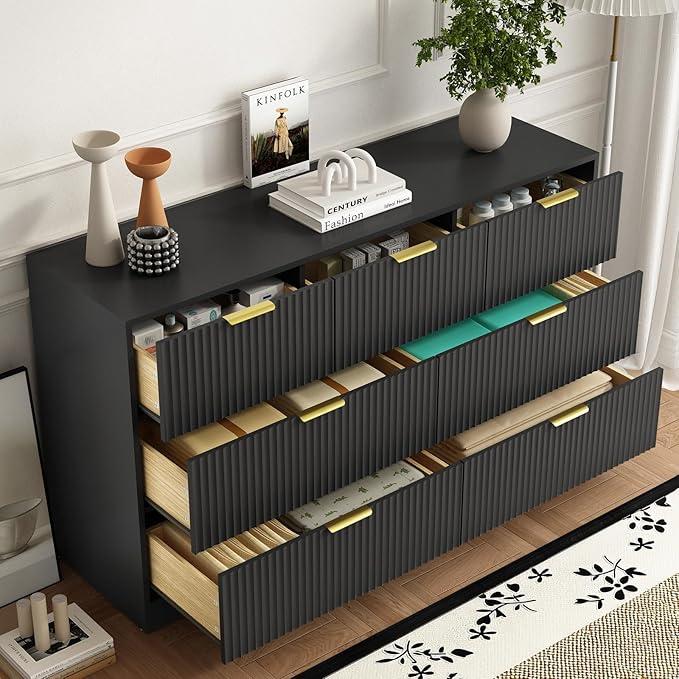 7 Drawers Dresser for Bedroom,55" Wide Fluted Dresser with Deep Drawers, Modern Chest of Drawers, Wood TV Stand Storage Organizer for Closet, Living Room, Hallway, Black