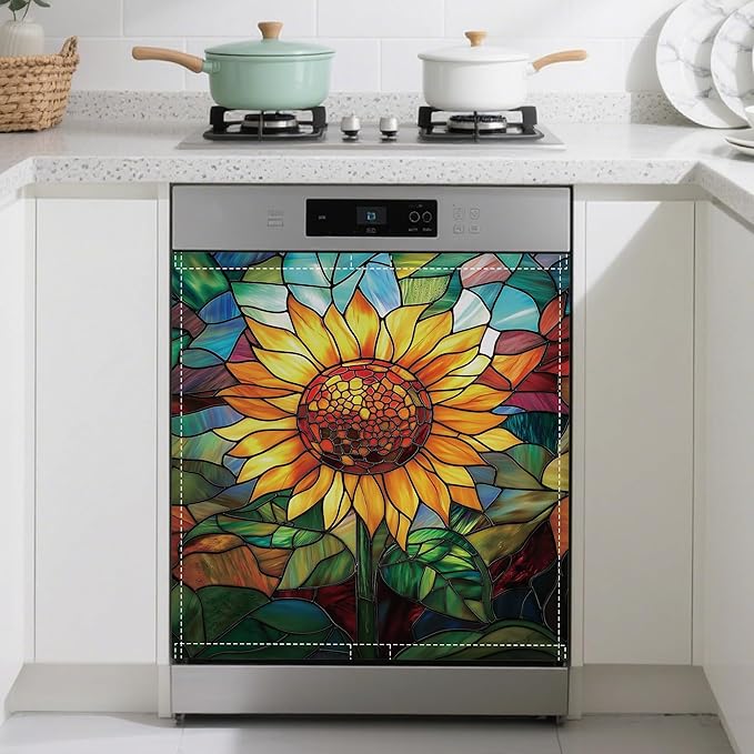 Magnetic Dishwasher Cover,Stained Glass Reusable Dishwasher Magnetic Cover Sunflower Colorful Decorative Door Covers Panel for Home Kitcen 23" x 26"