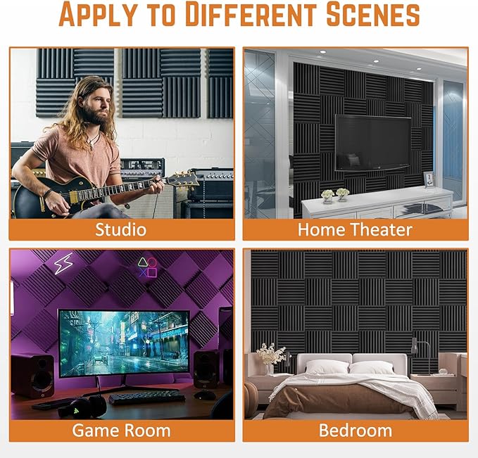 56 Pack Acoustic Foam Panels, 1" x 12"x 12" Sound Proof Foam Panels For Wall Fire Resistant, Noise Cancelling Dampening Sound Absorbing Black Wedge Panels For Studio Recording & Office & Home