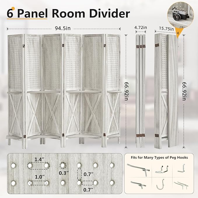 6 Panel Pegboard Display with 24 Hooks, Wooden Pegboard Room Divider Wall with Shelf, Partition Room Dividers and Folding Privacy Screens, Bedroom, Jewelry Store, White