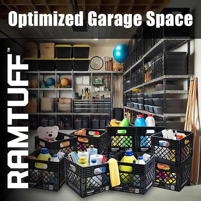 Ramtuff 1 Pack Storage Milk Crate, Durable Plastic Home Organizers, Stackable Box Set with Reinforced Handles, 250 lb Load Capacity, Black