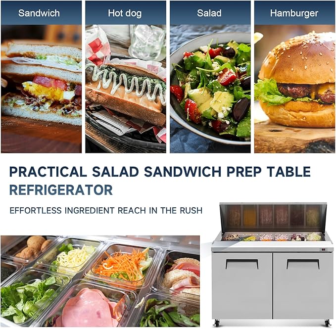 48"W Commercial Sandwich Prep Table Refrigerator - Stainless Steel Door with 12 Pans, 14 Cu.Ft Capacity, Auto Defrost, Digital Temperature Control for Restaurants, Delis, Catering & Convenience Stores