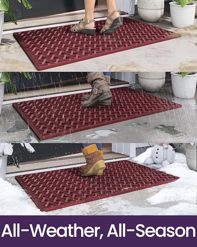 DEXI Front Door Mat Outside Entrance Rubber 24x36, Welcome Floor Doormat Heavy Duty Non Slip, Dirt Trapper Waterproof Exterior Entry Mats All Weather for Patio Entryway Drainage, Red
