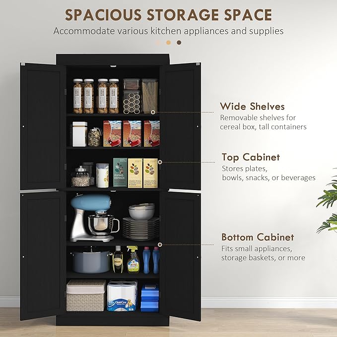 HOMCOM 72.5" Tall Kitchen Pantry Cabinet, Freestanding Modern Farmhouse Kitchen Storage Cabinet with 4 Doors and 2 Adjustable Shelves for Dining Room, Black Wood Grain