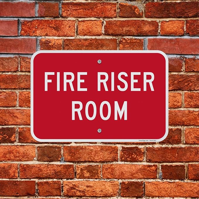 SmartSign 12 x 18 inch “Fire Riser Room” Metal Sign with Pre-Cleared Holes, Screen Printed, 63 mil Laminated Rustproof Aluminum, Red and White