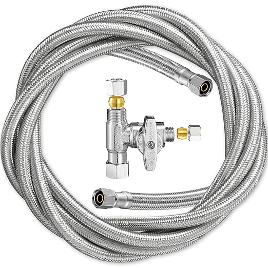 Refrigerator Ice Maker Water Line Kit - 18' Braided Stainless Steel Fridge Water Line with 1/4" Compression Fittings and Water Line Splitter