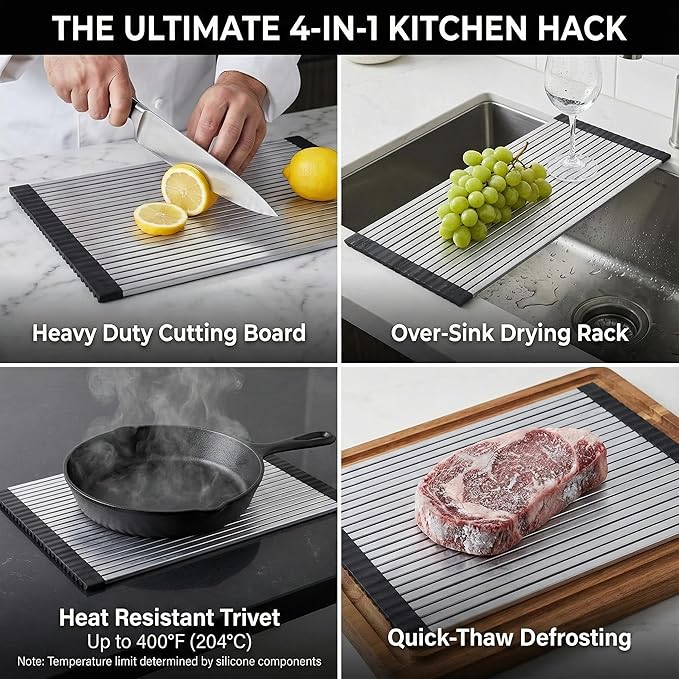 304 Stainless Steel Rollable Cutting Board – Space-Saving Over-the-Sink Workstation for RVs and Small Kitchens – Rust-Proof Heat Resistant Dishwasher Safe Non-Slip Multi-Use Prep Mat (17.8" L x 13" W)