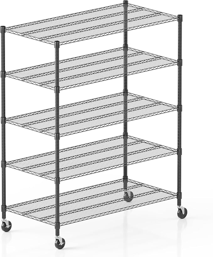 Homdox Heavy Duty Storage Shelves, 5 Tier Wire Shelving Unit with Wheels, Commercial Adjustable Metal Shelves for Storage, Garage Rack Pantry Shelves Kitchen Shelving, 24"x48"x82", Black