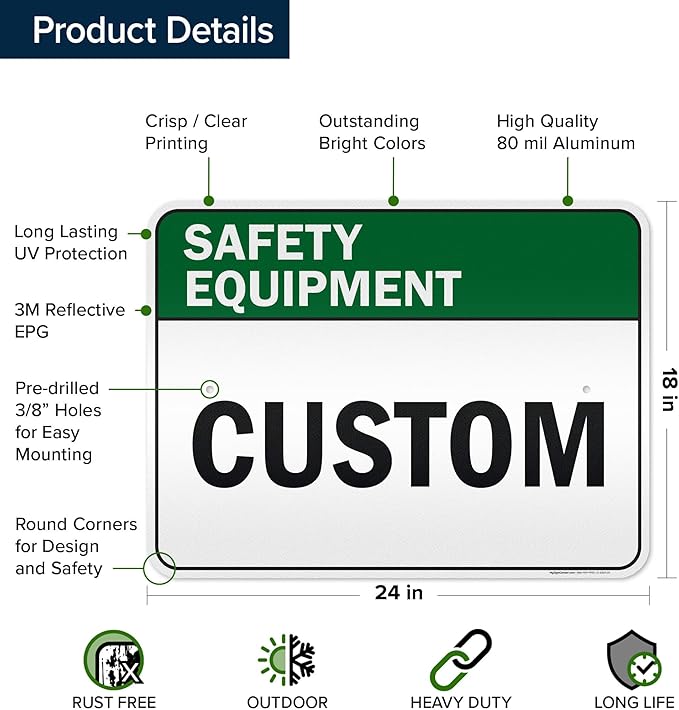 Custom Safety Equipment Sign, Ansi Sign, Osha Compliant, 18x24 Inches, 3M EGP Reflective, Rust Free .080 Aluminum, Fade Resistant, Made in USA by My Sign Center