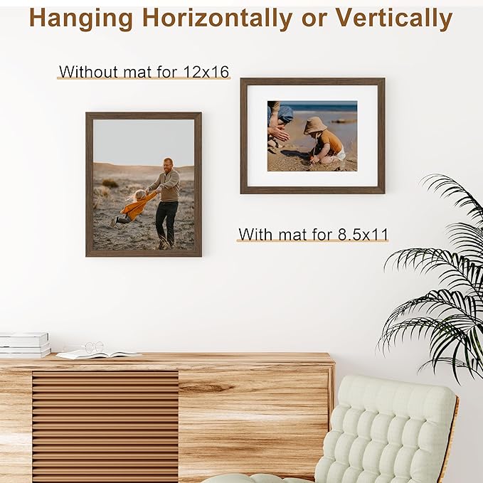 Vittanly 12x16 Picture Frame, Solid Wood Frame with Plexiglass, Includes 8.5x11 Mat, Wall Hanging for Home Decor, Brown, 1 Pack