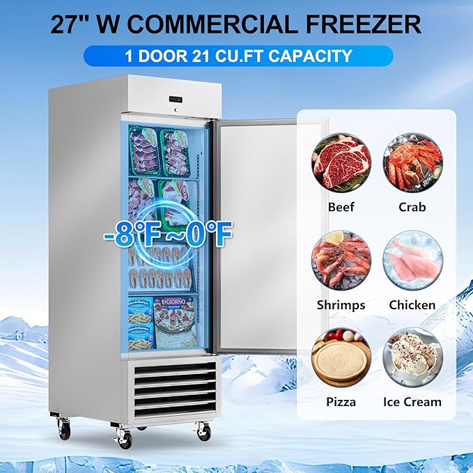 27" W Commercial Freezer, 21 Cu.ft Stainless Steel Reach-in Upright Freezer with Single Solid Door and 3 Adjustable Shelves for Restaurant, Commercial Kitchen, ETL Approved