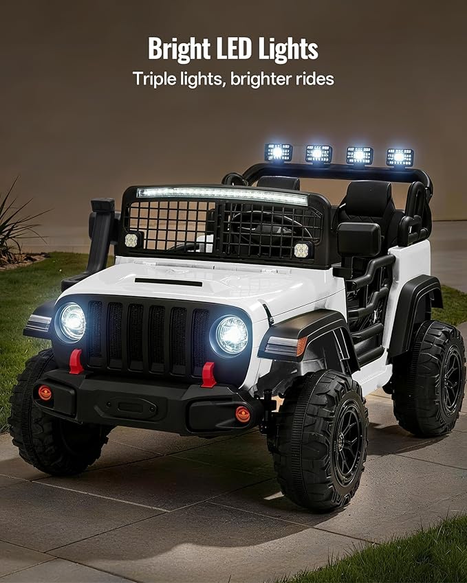 2 Seater Ride on Car Toy, 12V Electric Car for Kids 4-8 with Remote Control, Capacity 110 lb, LED Light - White