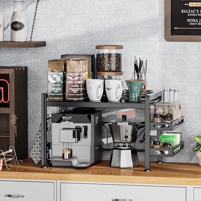 Extendable Microwave Oven Rack - Over Microwave Shelf Countertop 2 Tier Kitchen Microwave Stand (L15.7~23.6" xW12.8 xH17.7) with Spice Rack and 6 Hooks Black