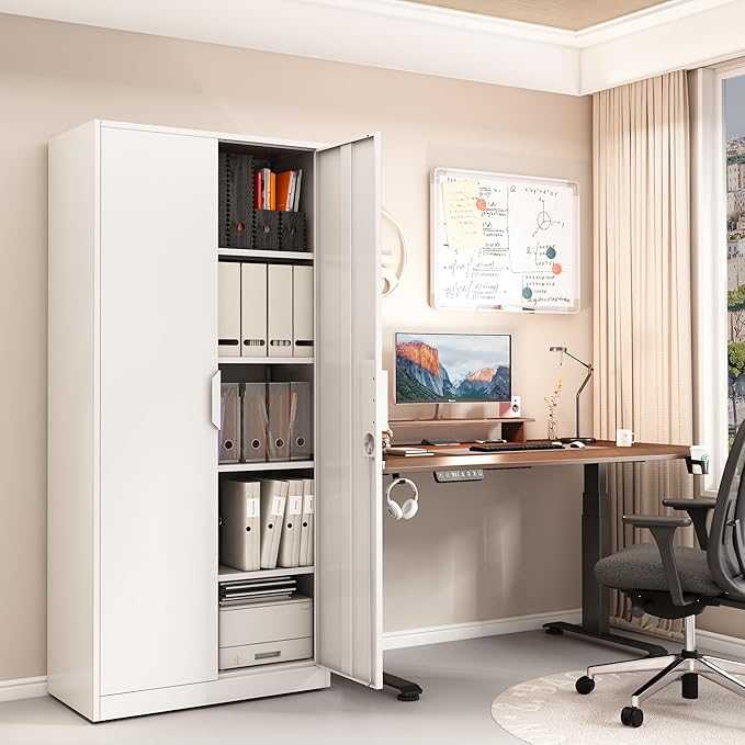 71" H Metal Garage Storage Cabinets with Adjustable Shelves,Steel Tall Cabinets with 2 Lockable Doors,Kitchen Pantry Cabinet,Metal Cabinet for Home/Office/Warehouse,White