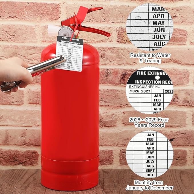 Moxweyeni 100 Set Fire Extinguisher Tag Bulk 2026-2029 Monthly Aluminum Metal Fire Extinguisher Inspection Record Tags with Tamper Seals & Hole Puncher - Tear Proof Weatherproof for Indoor Outdoor