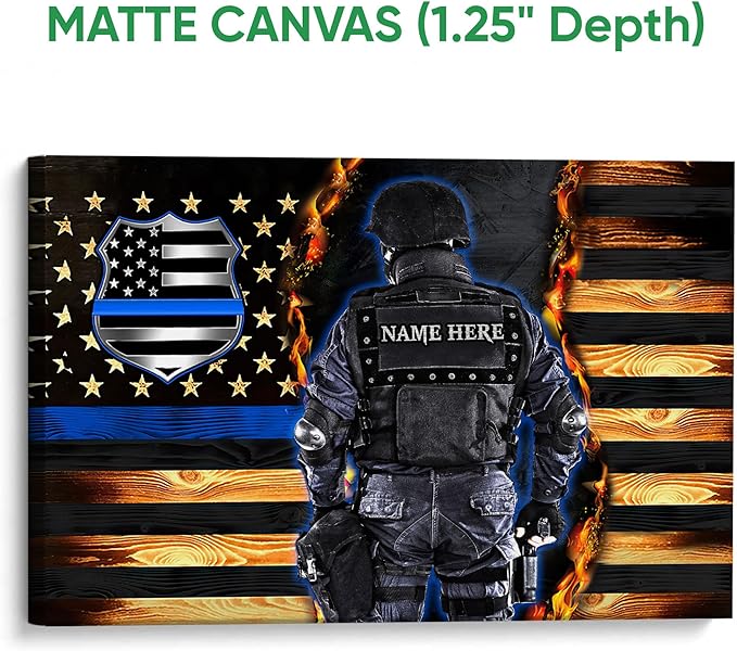 Personalized Police Poster & Framed Canvas, Proud Thin Blue Line Flag Patriotic Home Office Decor, Custom Name Bedroom Living Room Aesthetic Wall Art Gift For Policeman, Law Enforcement