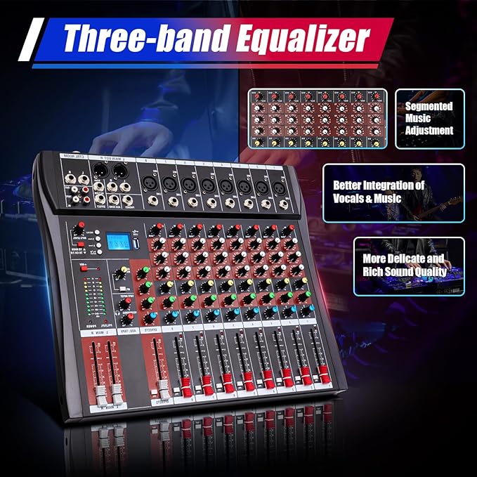 8 Channel Professional Audio Mixer, DJ Controller Sound Mixer Bluetooth Compatible Bluetooth Sound Board DJ Mixers with 48V Phantom Power USB Interface Stereo Mixing Console