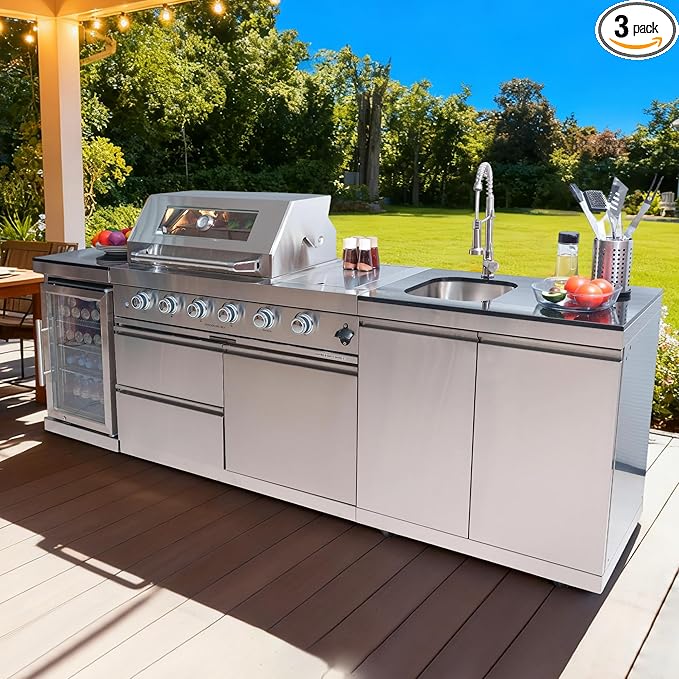98-Inch Natural Gas Outdoor Kitchen Island - 72000 BTU 4-Burner Grill with Refrigerator, Granite Countertops & Rotisserie, Silver