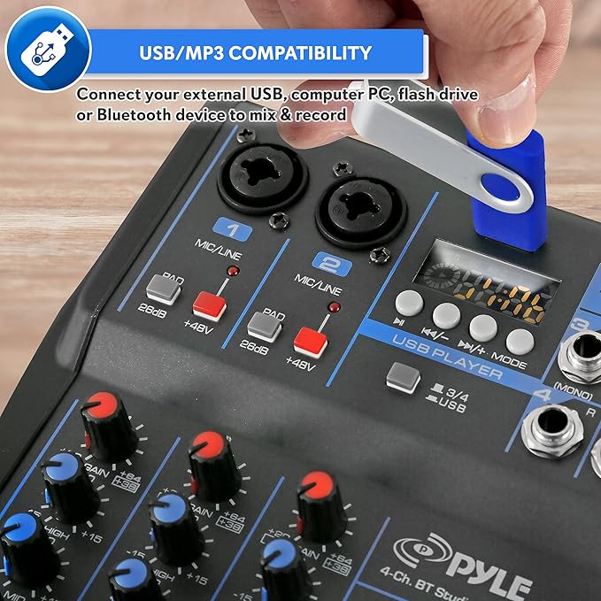 Pyle Professional 4 Channel Audio Mixer with Bluetooth - DJ Sound Board - USB Computer Input - Built-in MP3 Player - 48V Phantom Power - 3 Band EQ - 16-Bit DSP FX - Band, Studio Ready - PMXU43BT