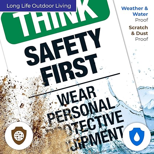 Think Safety First Wear Personal Protective Equipment Sign, 10x7 Inches, 55 mil Thick HDPS (high Density polystyrene), Made in USA by Sigo Signs