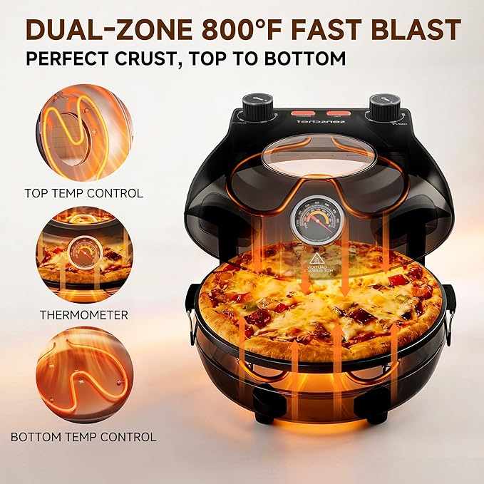 12-Inch CrustyBake Beginner's Black Glazed Stone Pizza Oven: Quick 800°F Heating, Easy-Clean Design, Recipe Book & All Tools Included - Perfect for First-Time Pizza Makers at Home