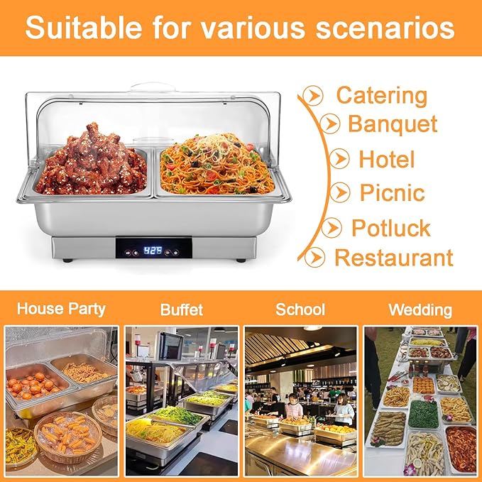 Electric Chafing Dish, 12 QT Full Size Buffet Servers and Warmers with Temperature Control Display Stainless Dish Set Pan for Catering Food Warmer for Catering Parties