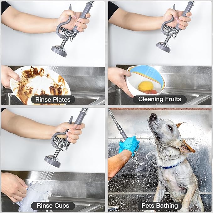 Commercial Sink Sprayer, 1.42GPM Pre Rinse Sprayer Head with Handle Grip Assembly, Commercial Dish Sprayer Replacement Kit of Commercial Faucet, Chrome Finished(Gray)