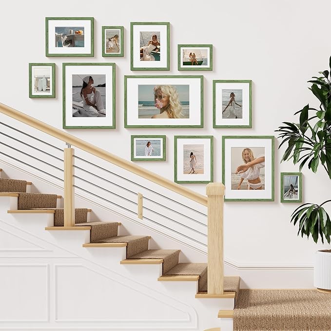 Vittanly 8x10 Picture Frame Set of 2, Solid Wood Frame for Wall or Tabletop, Display Photo 5x7 with Mat or 8x10 without Mat, Rustic Green