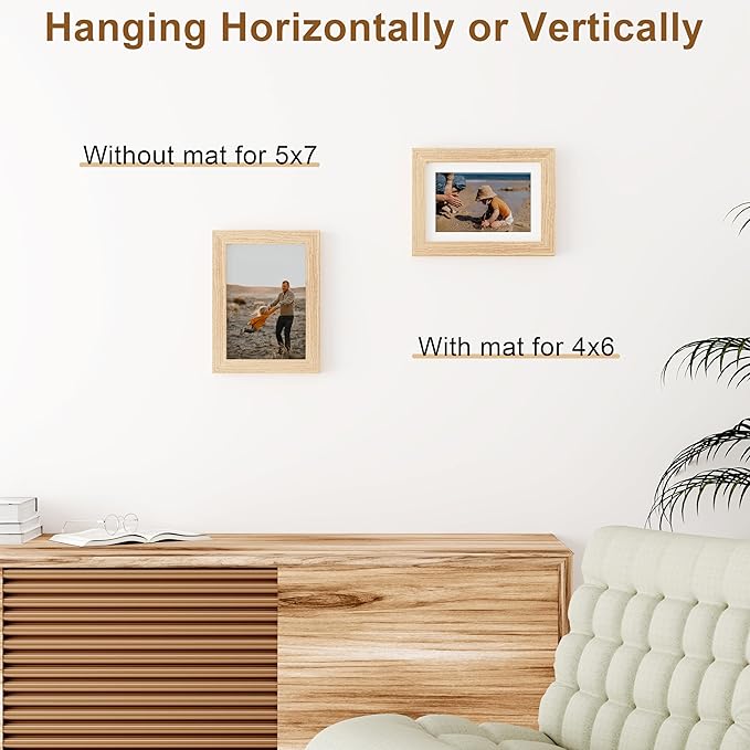 Vittanly 5x7 Picture Frame, Solid Wood Frame with Plexiglass, Includes 4x6 Mat, Wall Hanging or Tabletop for Home Decor, Natural, 1 Pack