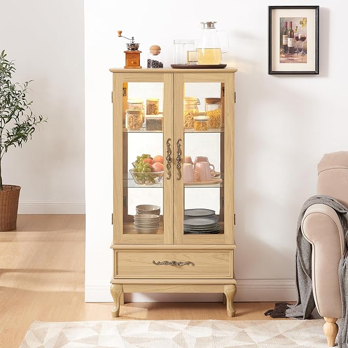 51" H Lighted Curio Cabinet Display Case, Glass Curio Cabinet with Adjustable Shelves,Tempered Glass Door and Drawer, Wooden Cabinets w/Mirrored Back Pane for Living Room (Light Oak)