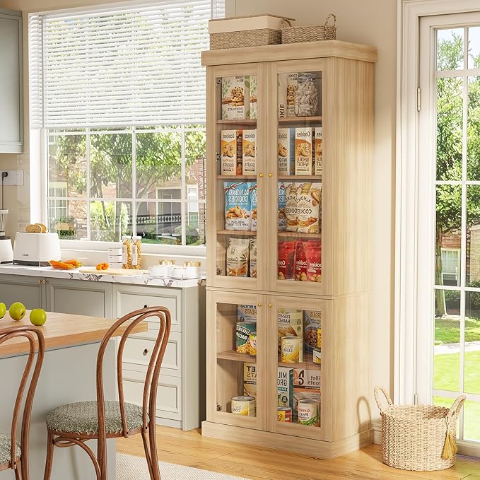 70.8" Bookshelf with Glass Doors, Farmhouse Modular Bookcase with 6-Tier Adjustable Shelves, Large Storage Cabinet for Living Room & Home Office, Set of 3, Brown