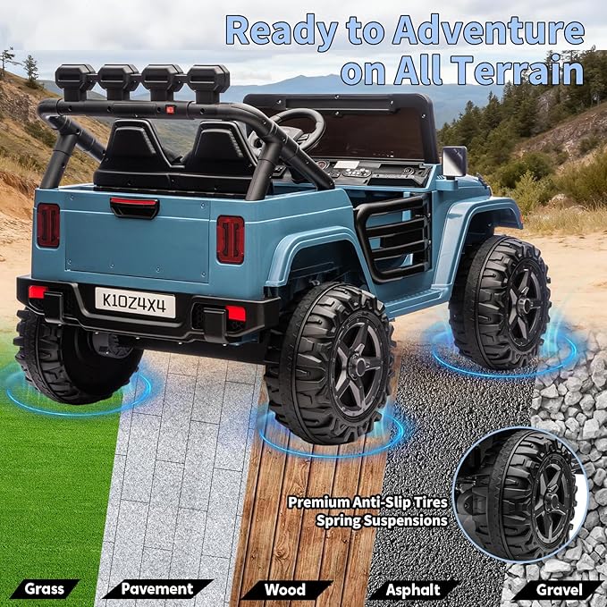 2 Seater Ride on Car Toy for Kids, 24V 4x4 Ride-on Truck, w/Parent Control, Soft Start, 3 Speed, 4-Wheeler Suspension, Bluetooth, LED Lights, Electric Car for Kids Toddler Ages 3-8, Blue