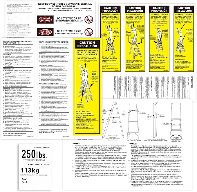 8 Pcs 250 LB Step Ladder Safety Labels Kits Compatible with Werner Ladder Safety Labels for All Type 1 250 Load Capacity Stepladders, Fiberglass Ladder Weight Stickers
