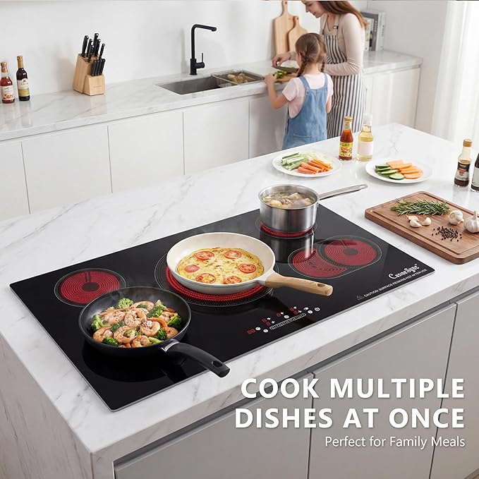 36″ Built-In Electric Cooktop – 5 Burner Ceramic Glass Stove, 9200W High Power, Precise Touch Control, 9 Heat Levels, Child Lock, Timer & Residual Heat Indicator, 220–240V Hard-Wired