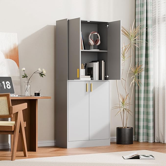 Cozy Castle Kitchen Pantry Cabinet, 71" Tall Wood Storage Cabinet with Doors and Shelves 4 Doors Freestanding Cupboard for Dining Room Living Room Bathroom Furniture, Gray