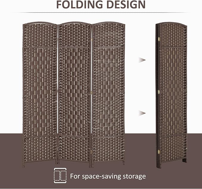 HOMCOM 3 Panel Room Divider, 6' Tall Folding Privacy Screen, Woven Freestanding Wall Partition for Home Office, Bedroom, Brown
