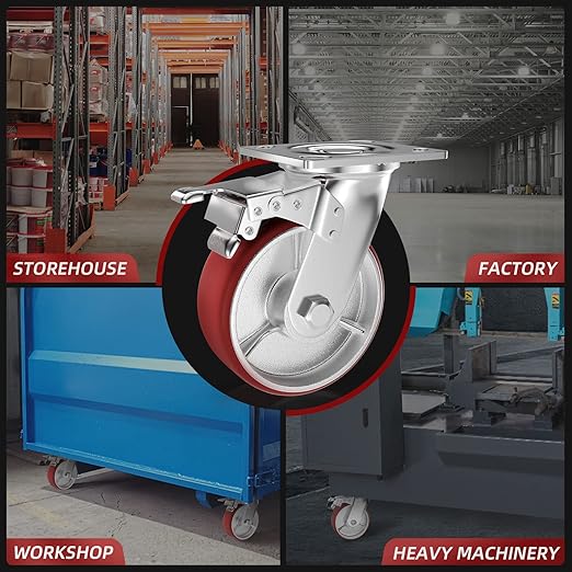 Casters Set of 4 Heavy Duty 6 inch with Brakes 2 and Fixed - ASRINIEY Locking Casters with Quiet Polyurethane on Steel Wheels, Swivel Plate Industrial Caster for Tool Box Trolley Workbench, 5000 lbs